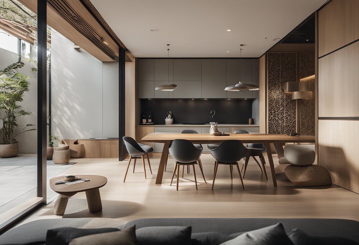 A modern Korean interior with clean lines, minimal furniture, and natural materials like wood and stone. Subtle pops of color and traditional Korean design elements add warmth and character