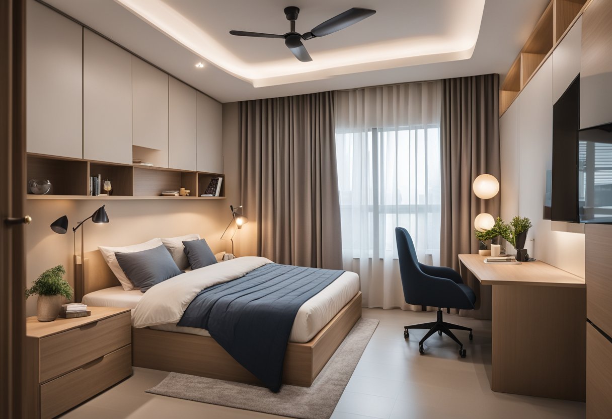 A cozy 3-room HDB bedroom with a minimalist design, featuring a queen-sized bed, a small study desk, built-in wardrobe, and soft lighting