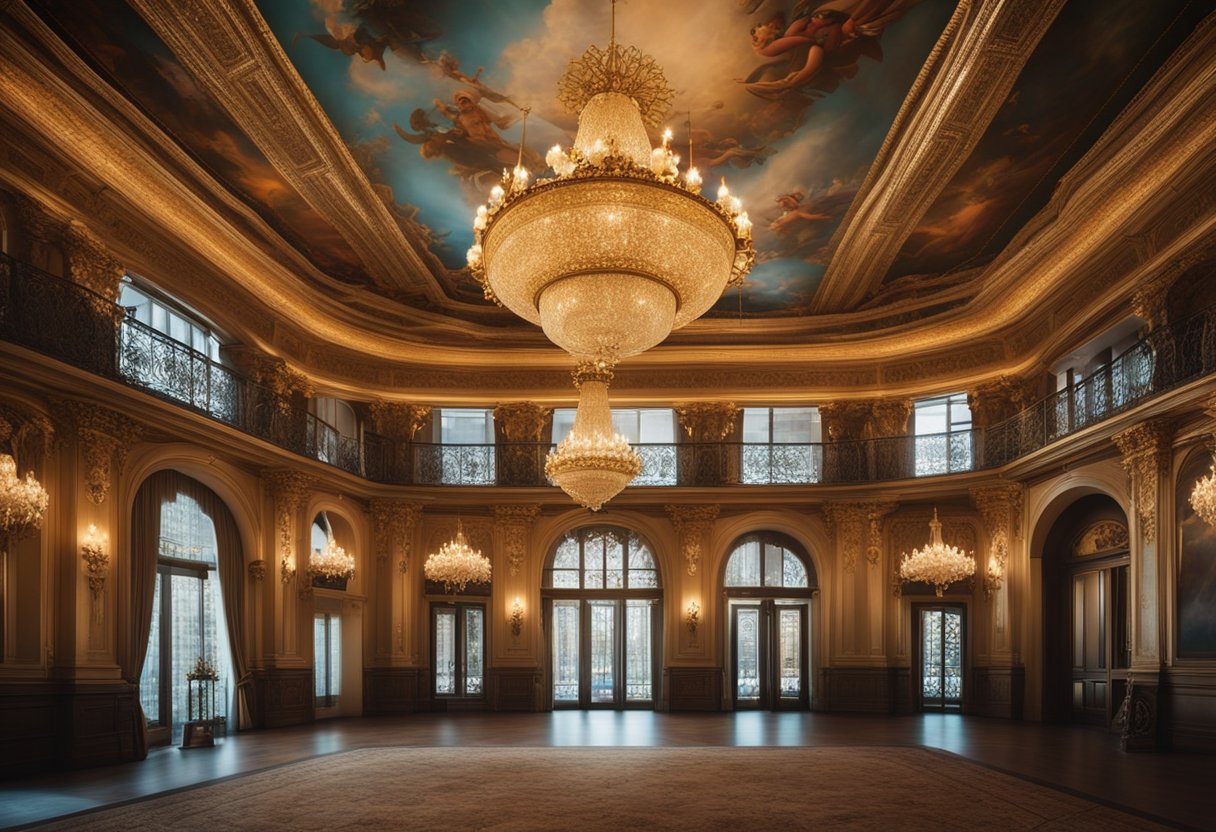 A grand ballroom with ornate chandeliers and gold trim, adorned with iconic Disney characters and enchanting murals on the walls