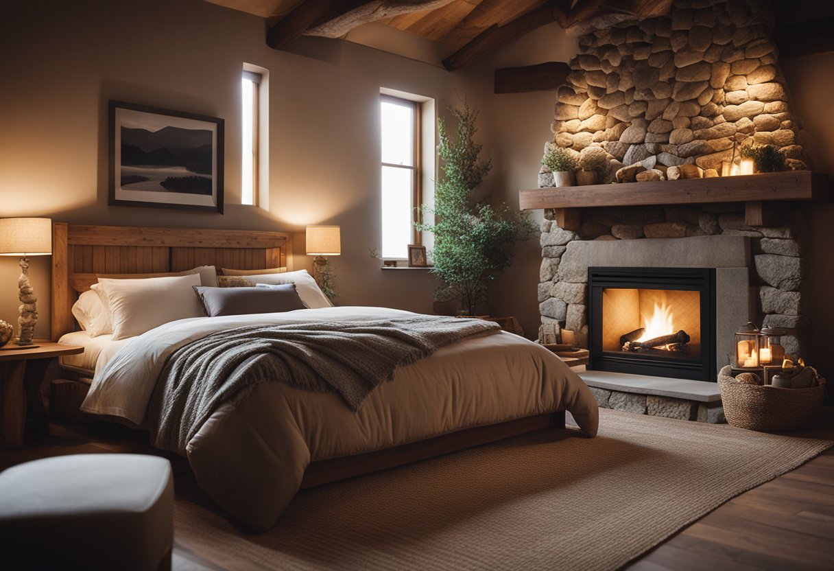A cozy, rustic bedroom with wooden furniture, earthy tones, and soft, textured fabrics. A crackling fire in the stone fireplace adds warmth and ambiance to the room