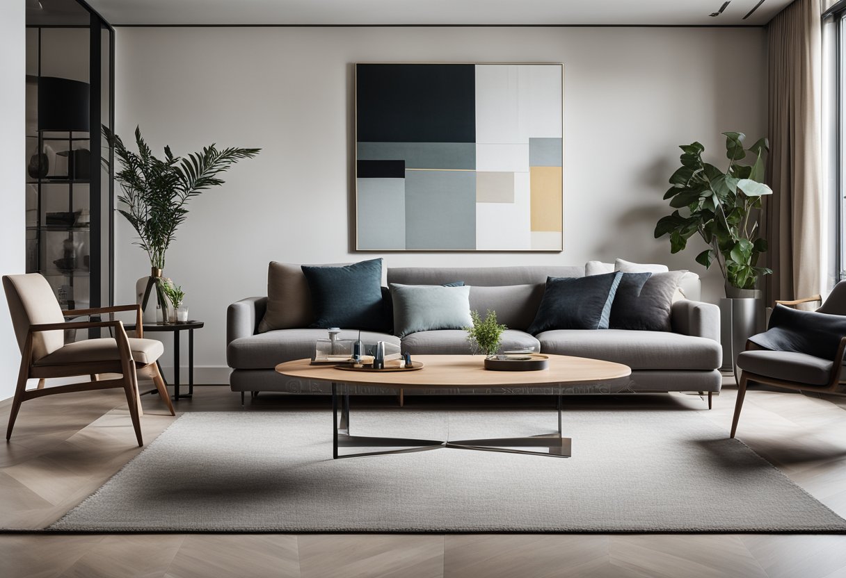 A sleek, minimalist living room with clean lines, neutral colors, and a mix of materials like glass, metal, and wood. A large, abstract art piece hangs on the wall, adding a pop of color to the space