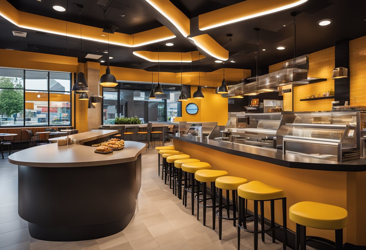 The fast food interior features vibrant colors, modern furniture, and a sleek counter. The space is well-lit with large windows and hanging pendant lights
