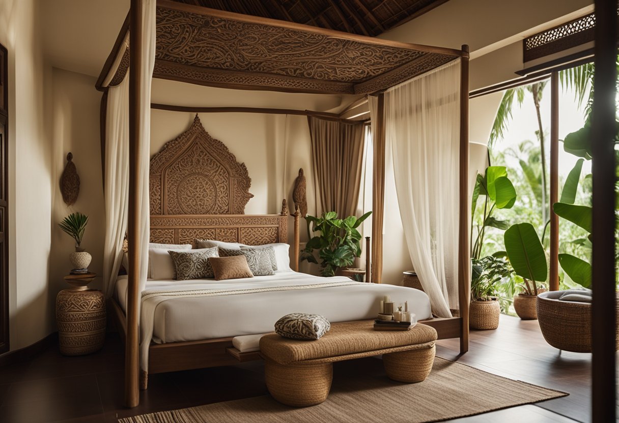 A serene bedroom with Balinese decor, featuring a canopy bed, intricate wood carvings, and soft, earthy tones. Tropical plants and traditional textiles add to the tranquil atmosphere