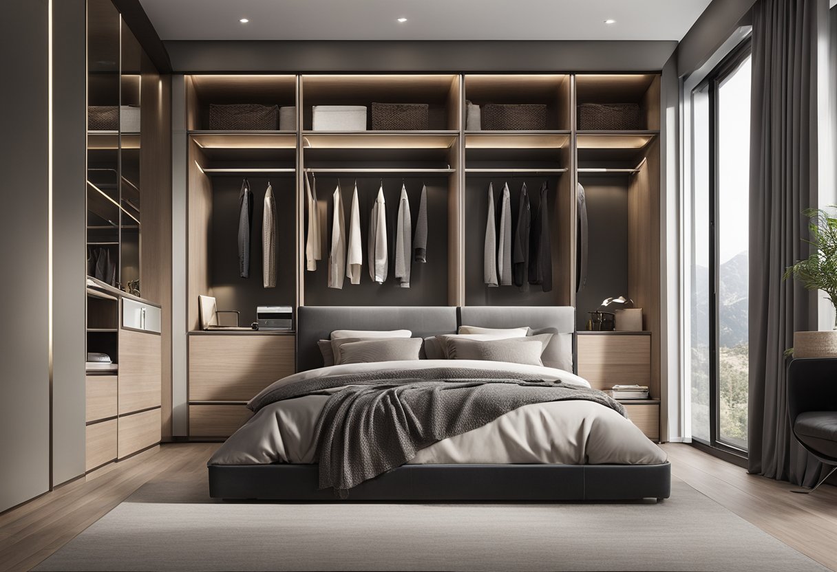 A spacious master bedroom with a sleek, modern wardrobe featuring sliding doors, built-in lighting, and ample storage space