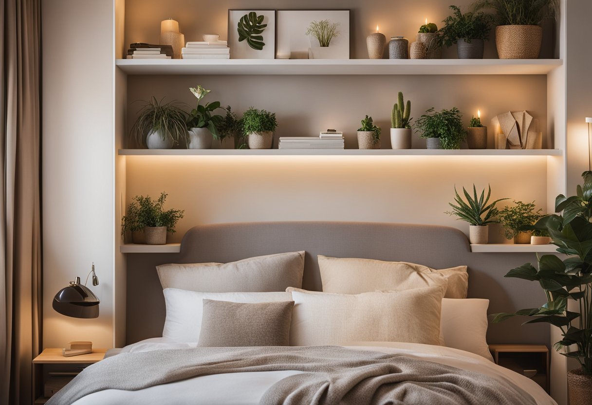 A cozy bedroom niche with built-in shelves and soft lighting. Decorative items and plants add a touch of personal style