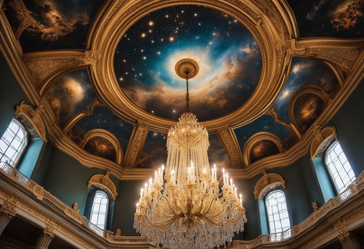 A grand chandelier hangs from a high ceiling, adorned with intricate moldings and elegant patterns. The ceiling is painted with a breathtaking mural of celestial scenes, featuring stars, constellations, and galaxies