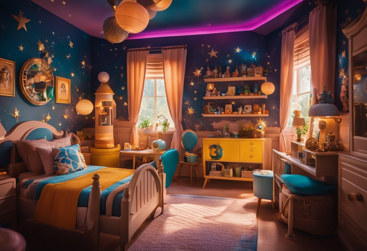 A magical Disney-themed room with vibrant colors, iconic characters, and whimsical decor. The space exudes joy and nostalgia, with a touch of enchantment in every detail