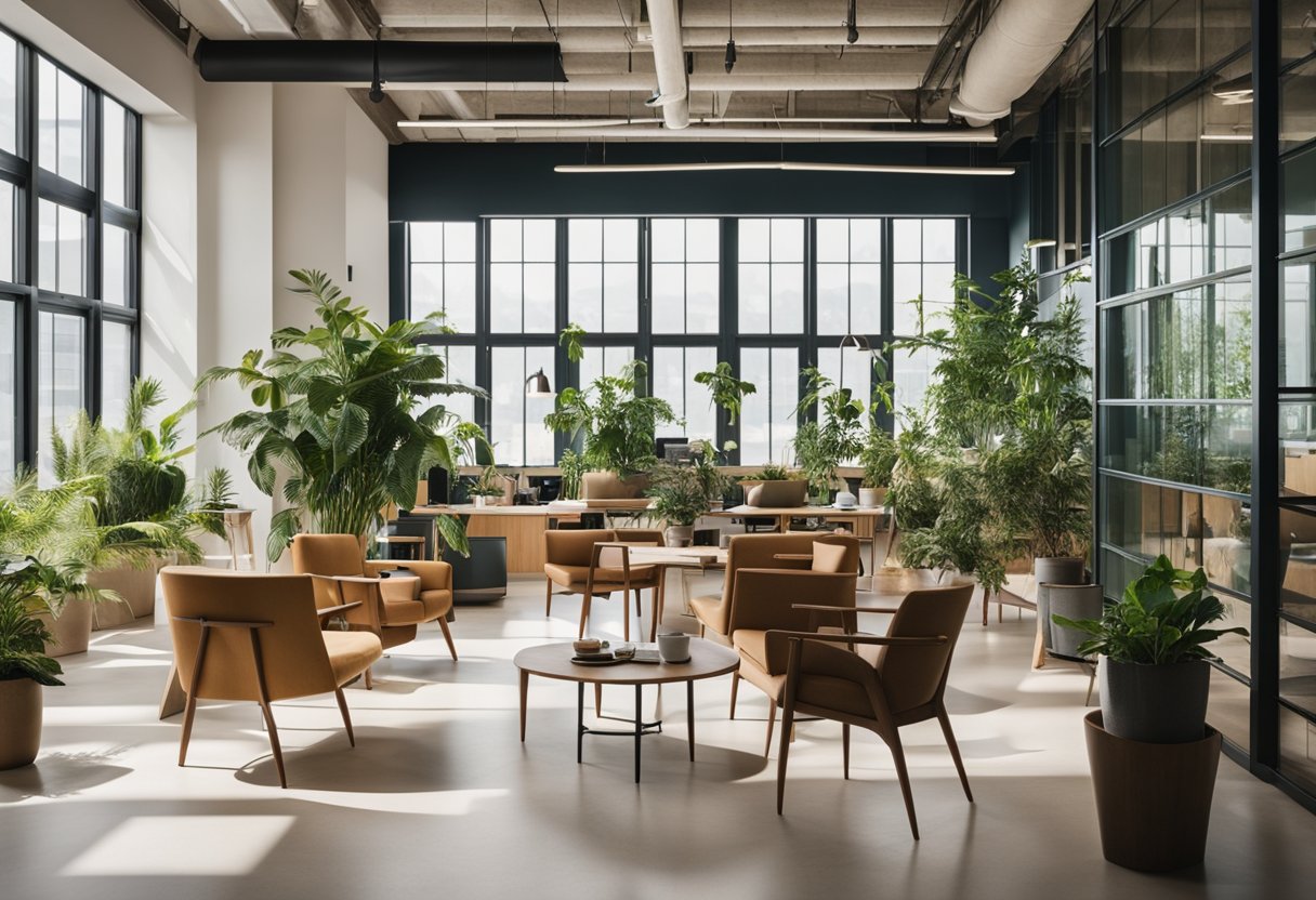 The eco-friendly office interior features natural light, recycled materials, and indoor plants. The furniture is made from sustainable materials, and the color scheme is earthy and calming