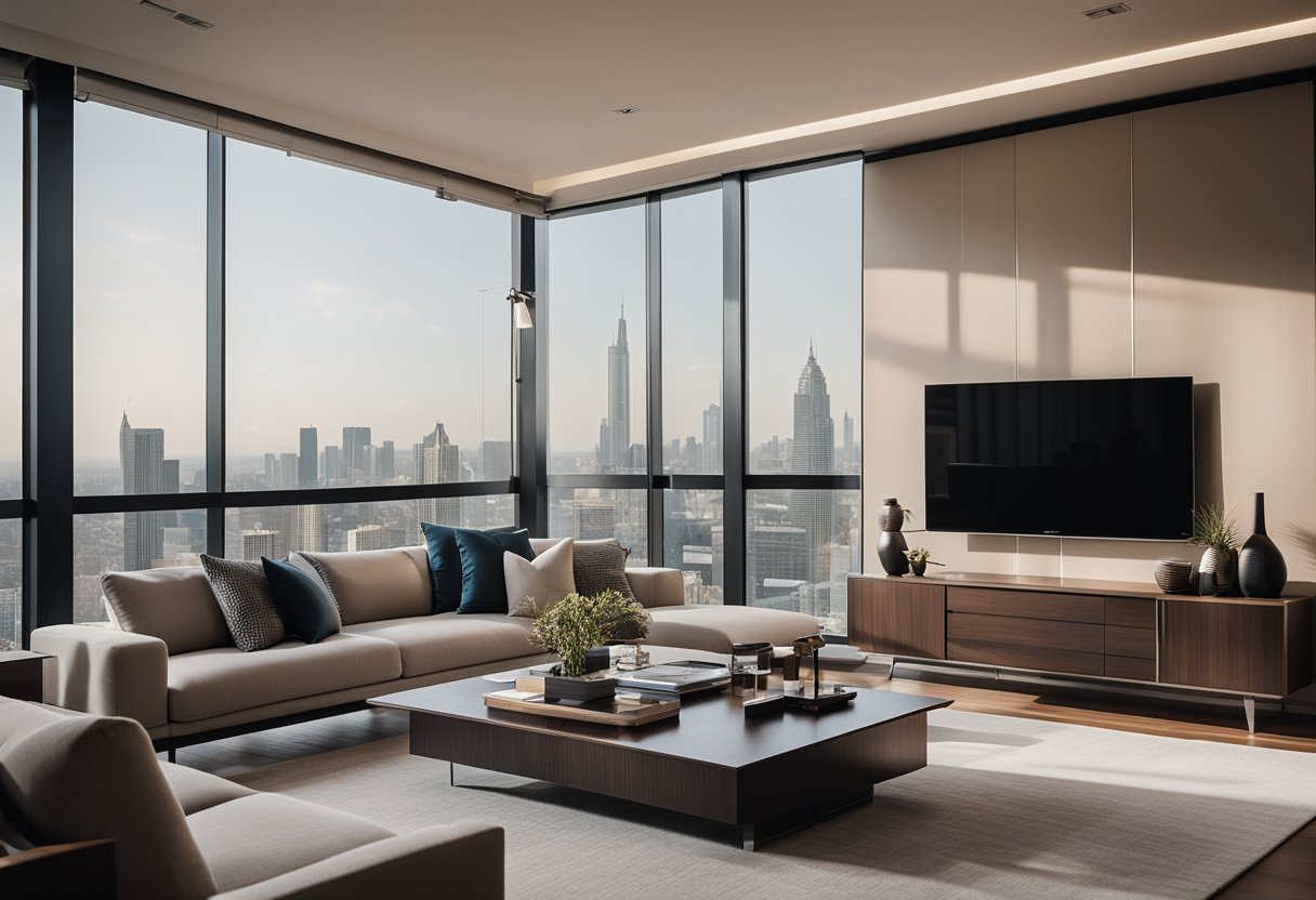 A modern, minimalist living room with floor-to-ceiling windows overlooking the city skyline. Sleek furniture, neutral color palette, and subtle Thai-inspired accents