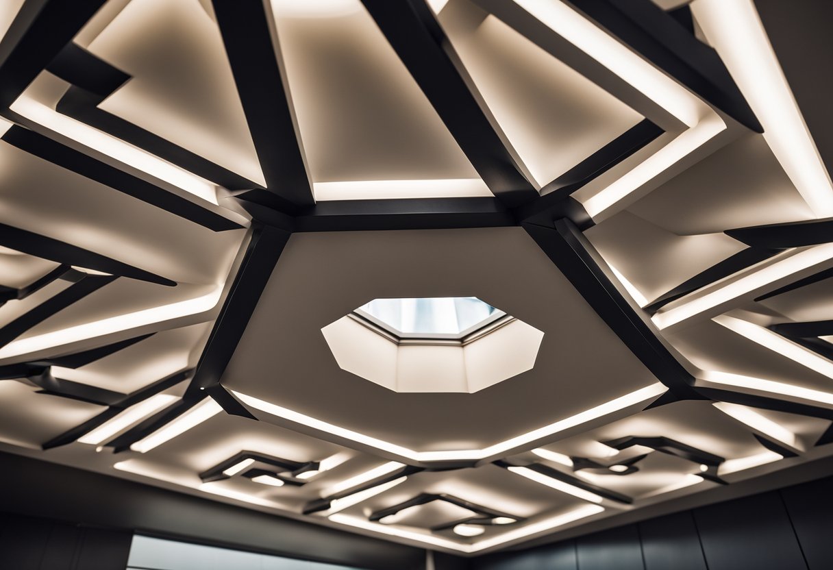 A modern, minimalist ceiling design with geometric patterns and recessed lighting, creating a sleek and sophisticated atmosphere