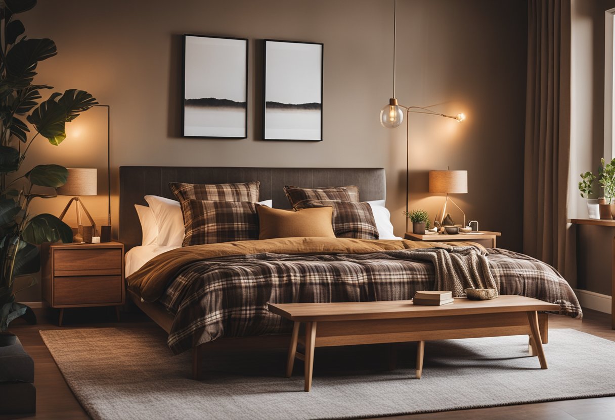A cozy bedroom with wooden furniture, warm earthy tones, and vintage decor. A large, comfortable bed with plaid bedding is the focal point
