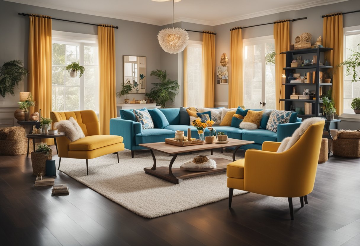 A cozy living room with classic Disney characters incorporated into the design. Colorful furniture and playful details create a whimsical atmosphere