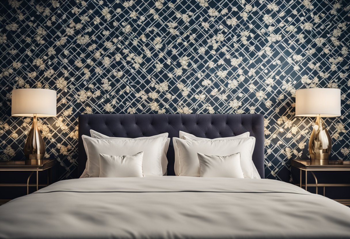 A bed with a tall headboard against a patterned wall in a bedroom