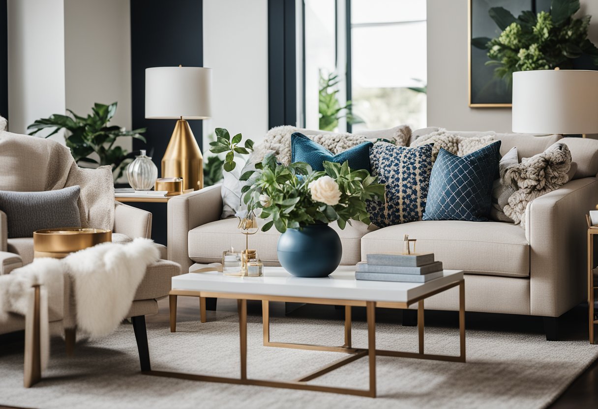 A cozy living room with modern furniture, neutral colors, and pops of vibrant accents. A mix of textures and patterns create a stylish yet budget-friendly space