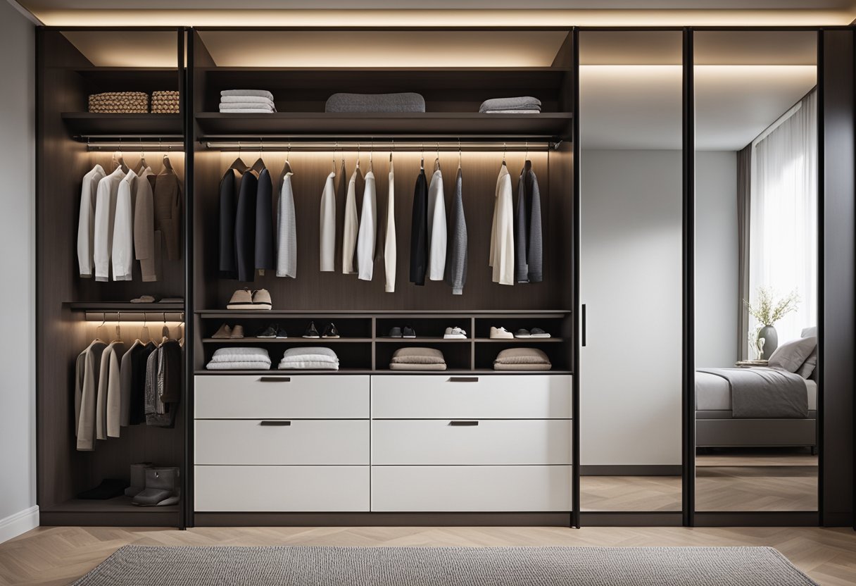 A sleek and modern wardrobe with ample storage space and stylish design elements, such as mirrored doors and integrated lighting, complements the master bedroom decor