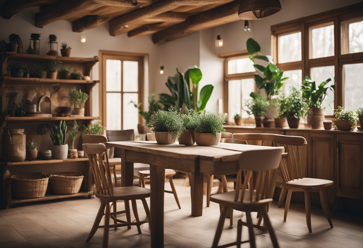 A cozy woodwork interior with a rustic table, chairs, and shelves adorned with handmade crafts and plants, illuminated by warm natural light