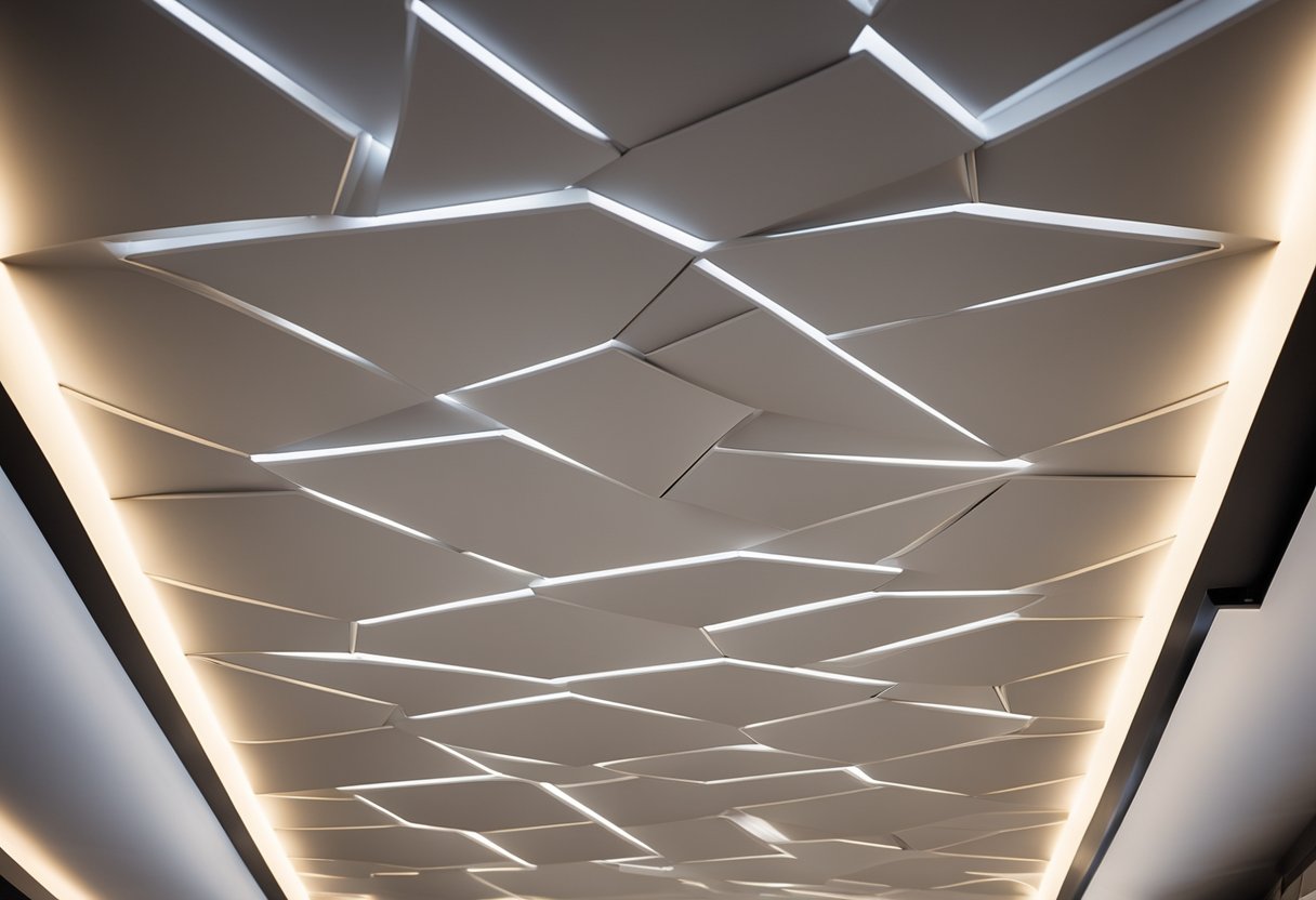 The interior ceiling features recessed lighting and geometric patterns, creating a modern and sleek design