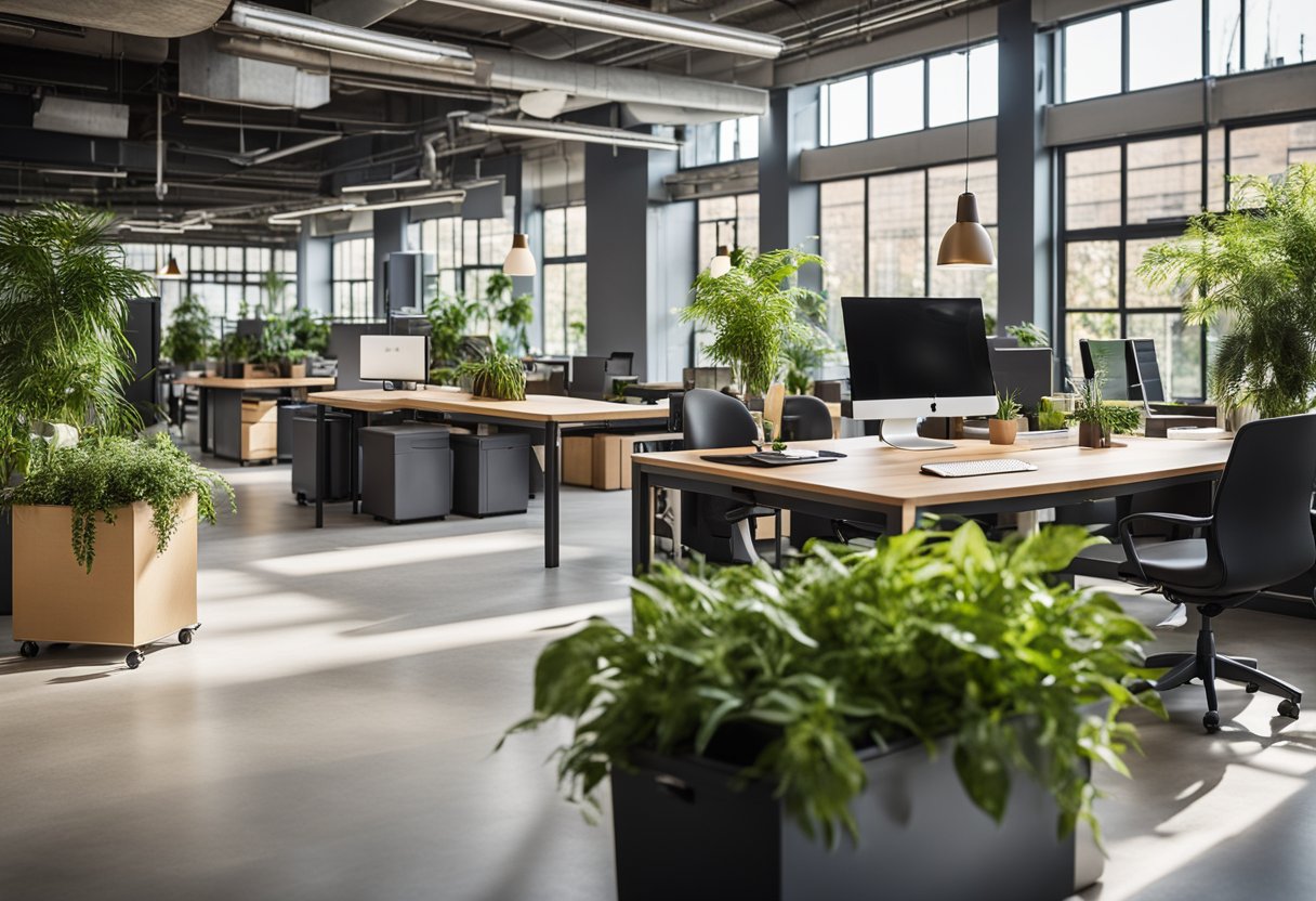 An open office space with natural light, indoor plants, and sustainable materials. Recycling bins and energy-efficient lighting are present