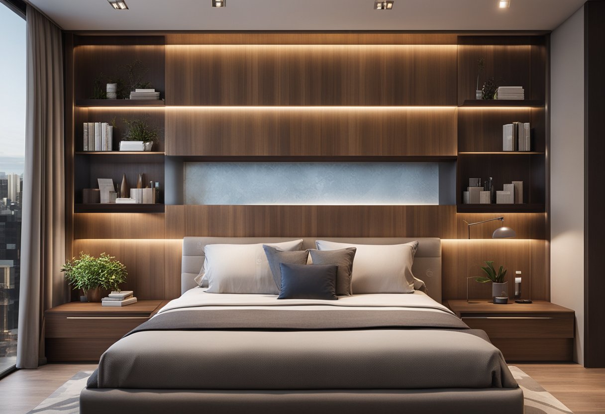 A modern bedroom with a sleek, wooden bed back wall, featuring built-in shelves and soft, indirect lighting