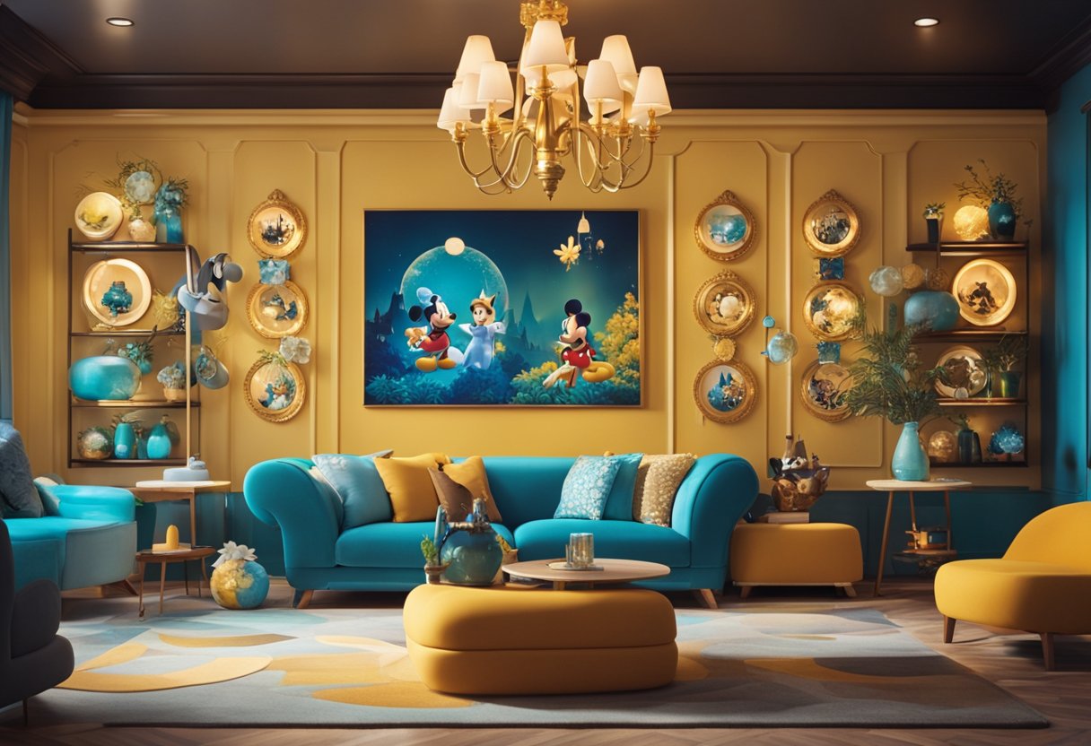 A colorful and vibrant Disney-themed interior design with iconic characters and motifs, creating a magical and enchanting atmosphere