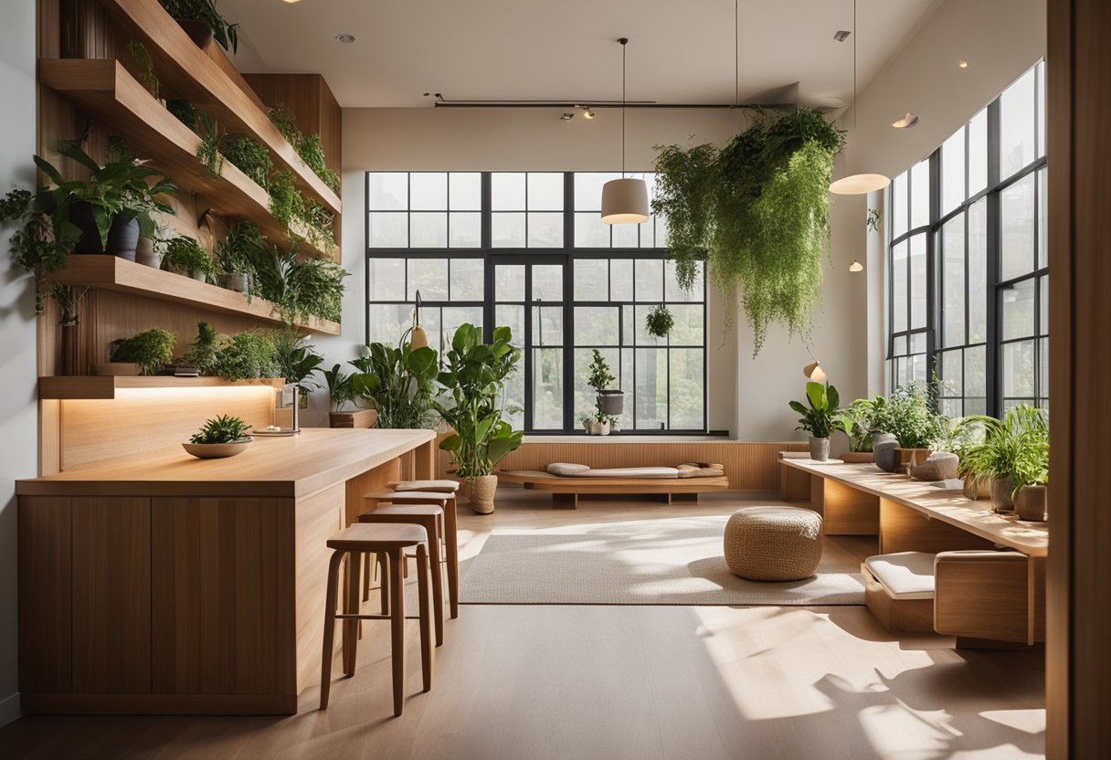 A well-lit room with custom wood furniture, intricate joinery, and a variety of finishes. Plants and natural light enhance the warm, inviting atmosphere