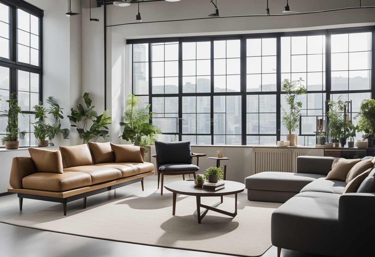 A sleek, modern Korean interior design studio with clean lines and minimalist furniture. A large window allows natural light to fill the space