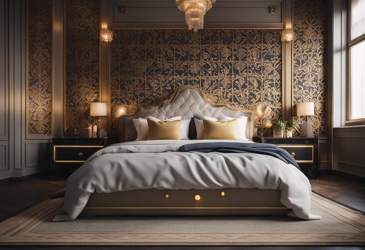 A cozy bedroom with a decorative bed back wall featuring intricate woodwork or a stylish wallpaper design