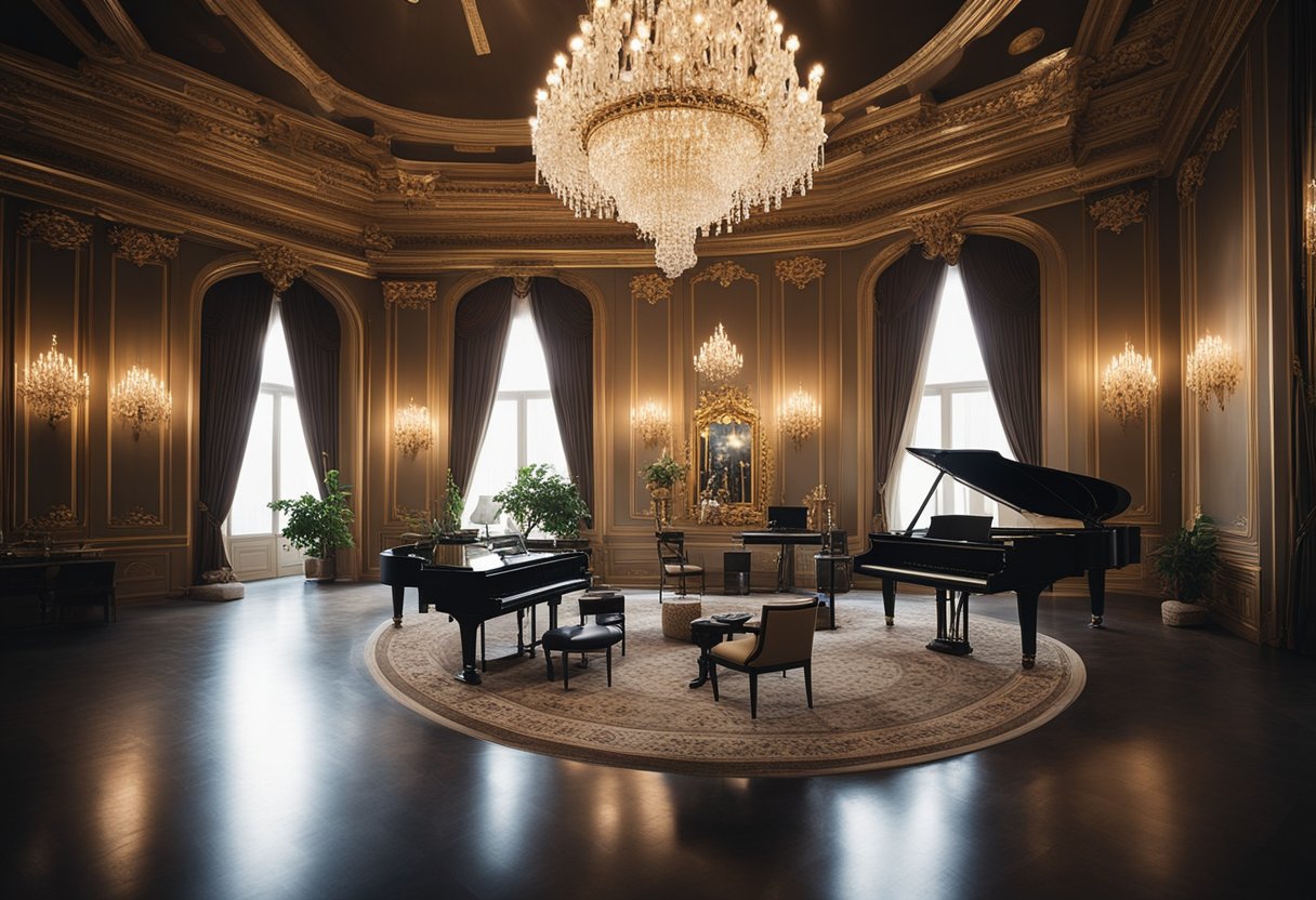 The grand studio's interior features ornate chandeliers, lavish drapes, and opulent furniture arranged in a spacious, elegant layout