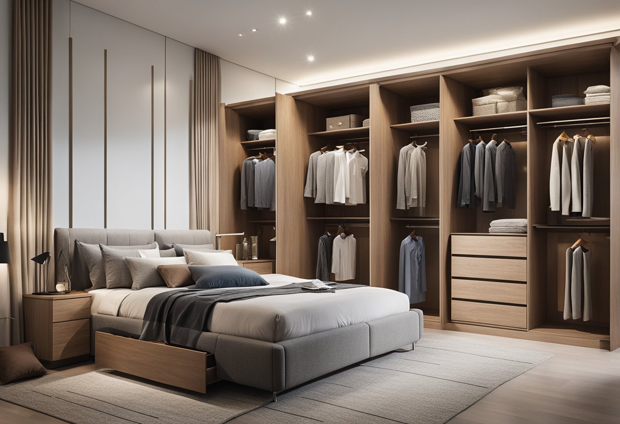 A spacious master bedroom with a custom wardrobe design. The wardrobe features built-in shelves, drawers, and hanging space, with sleek and modern finishes