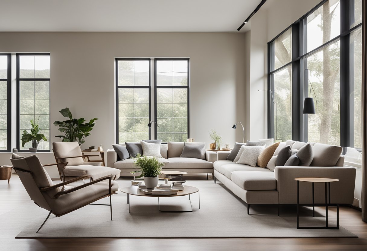 A modern living room with sleek furniture, clean lines, and minimalistic decor. A large window lets in natural light, and a neutral color palette creates a sense of calm and sophistication
