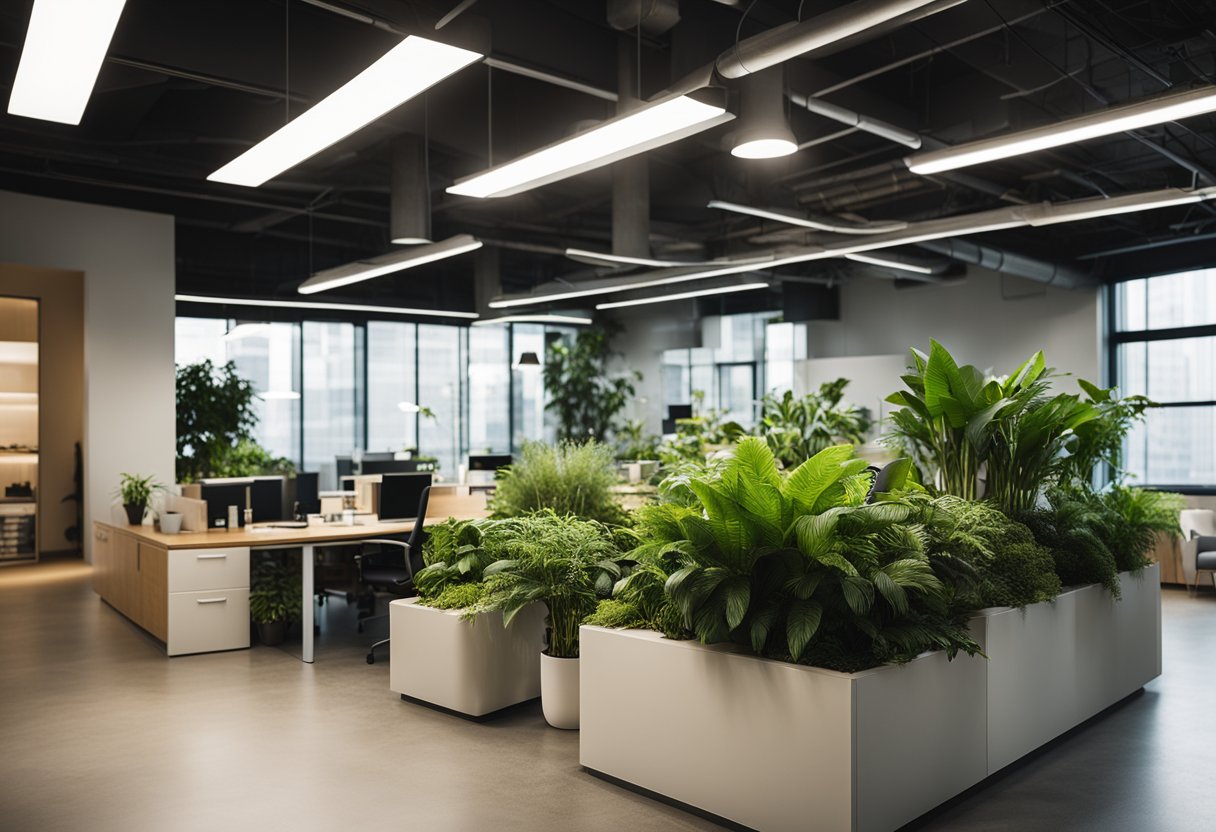 The office space features natural lighting, indoor plants, and recycled materials, creating a sustainable and eco-friendly environment