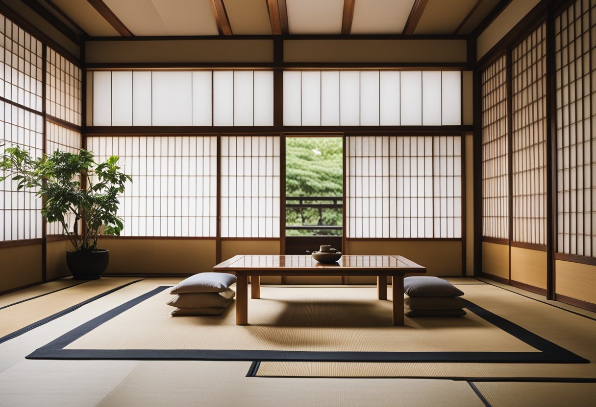 A modern Japanese interior with clean lines, minimal furniture, and traditional elements like shoji screens and tatami mats