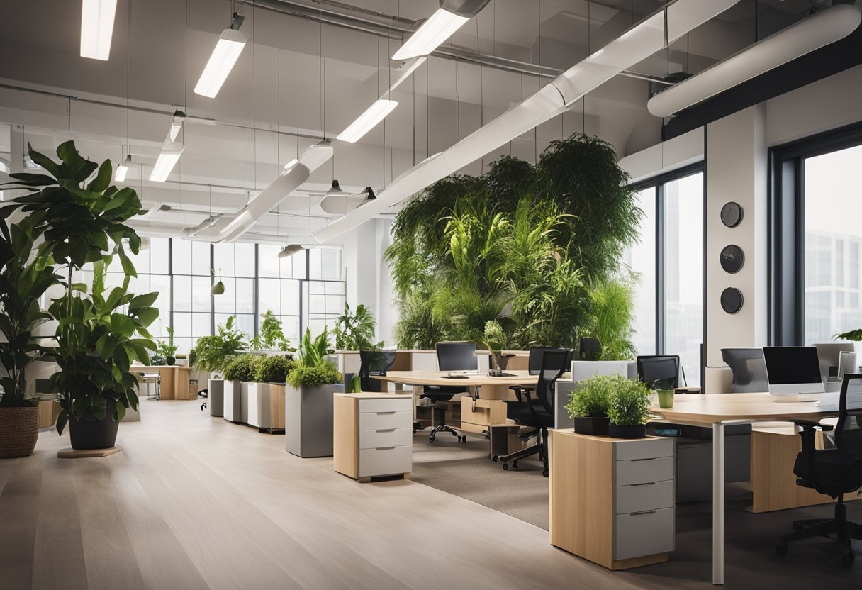An eco-friendly office interior with natural light, sustainable materials, and indoor plants. Recycled furniture and energy-efficient lighting complete the environmentally conscious design