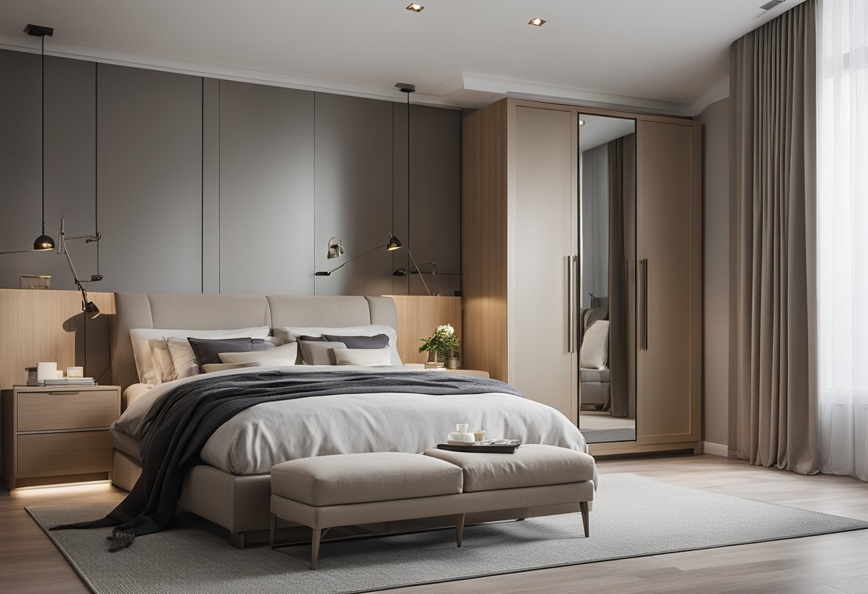 A spacious master bedroom with a modern wardrobe featuring sleek, minimalist design. Clean lines, ample storage, and neutral color palette