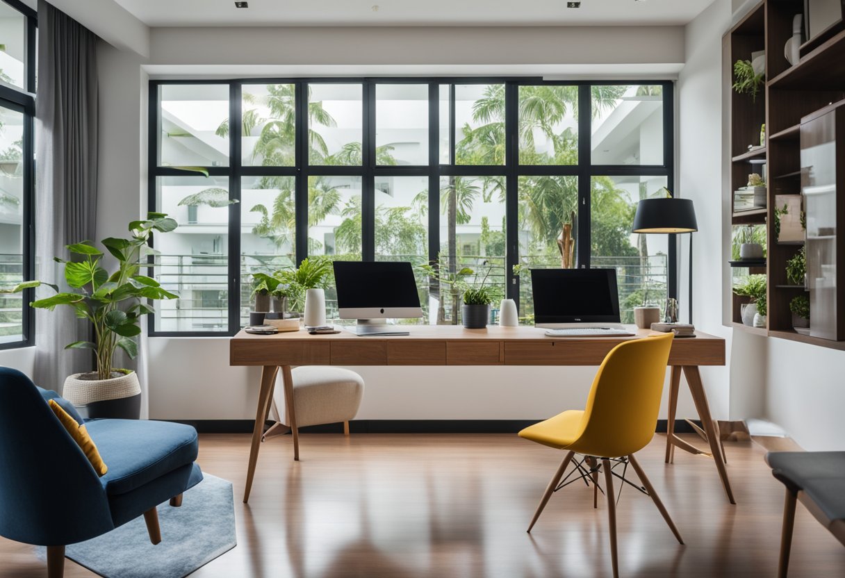 A bright, modern living room with sleek furniture and pops of color. A freelance interior designer in Bangkok works on plans at a stylish desk
