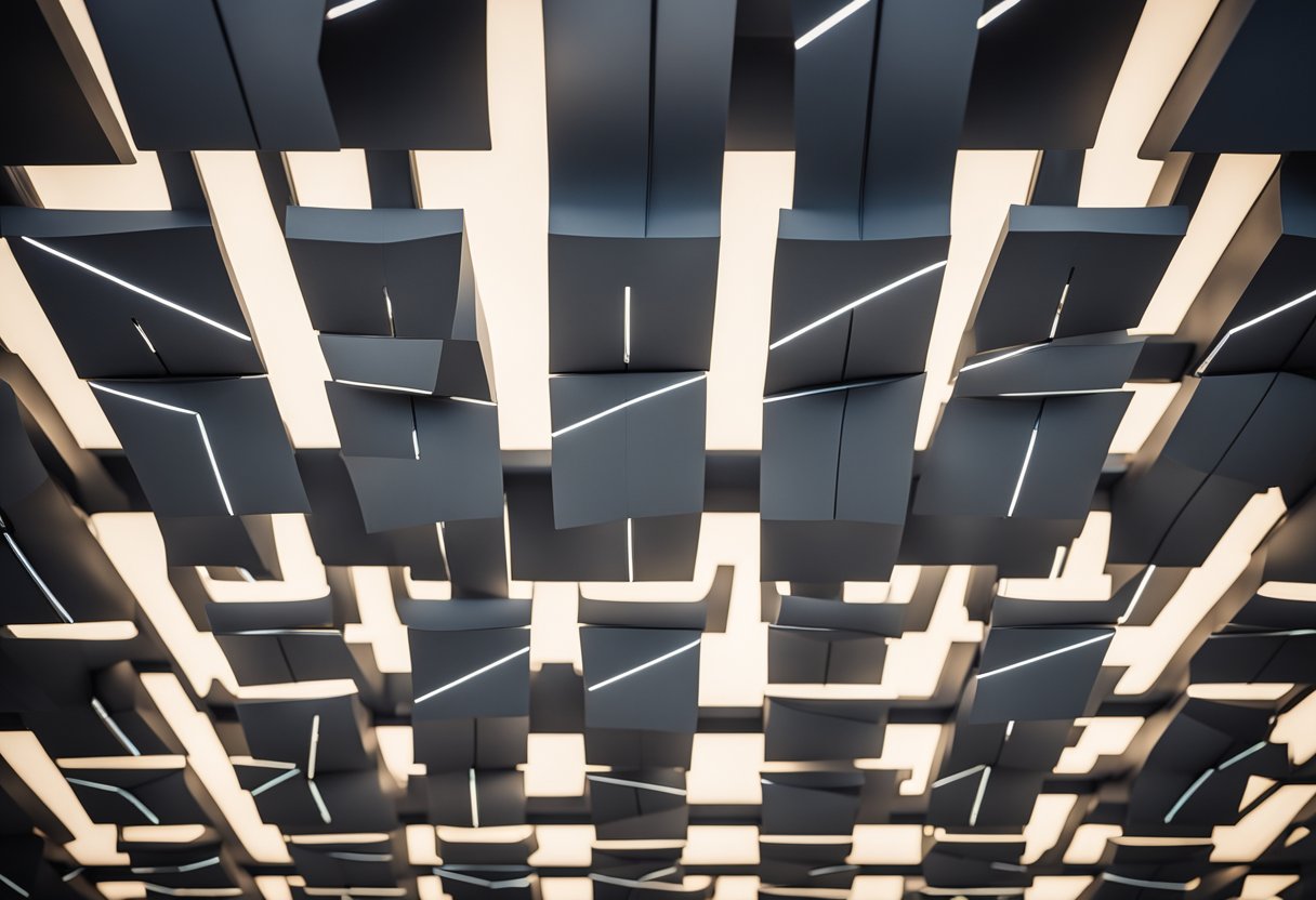 The interior ceiling features a modern, geometric design with clean lines and subtle lighting. A series of suspended panels create a dynamic and visually appealing pattern