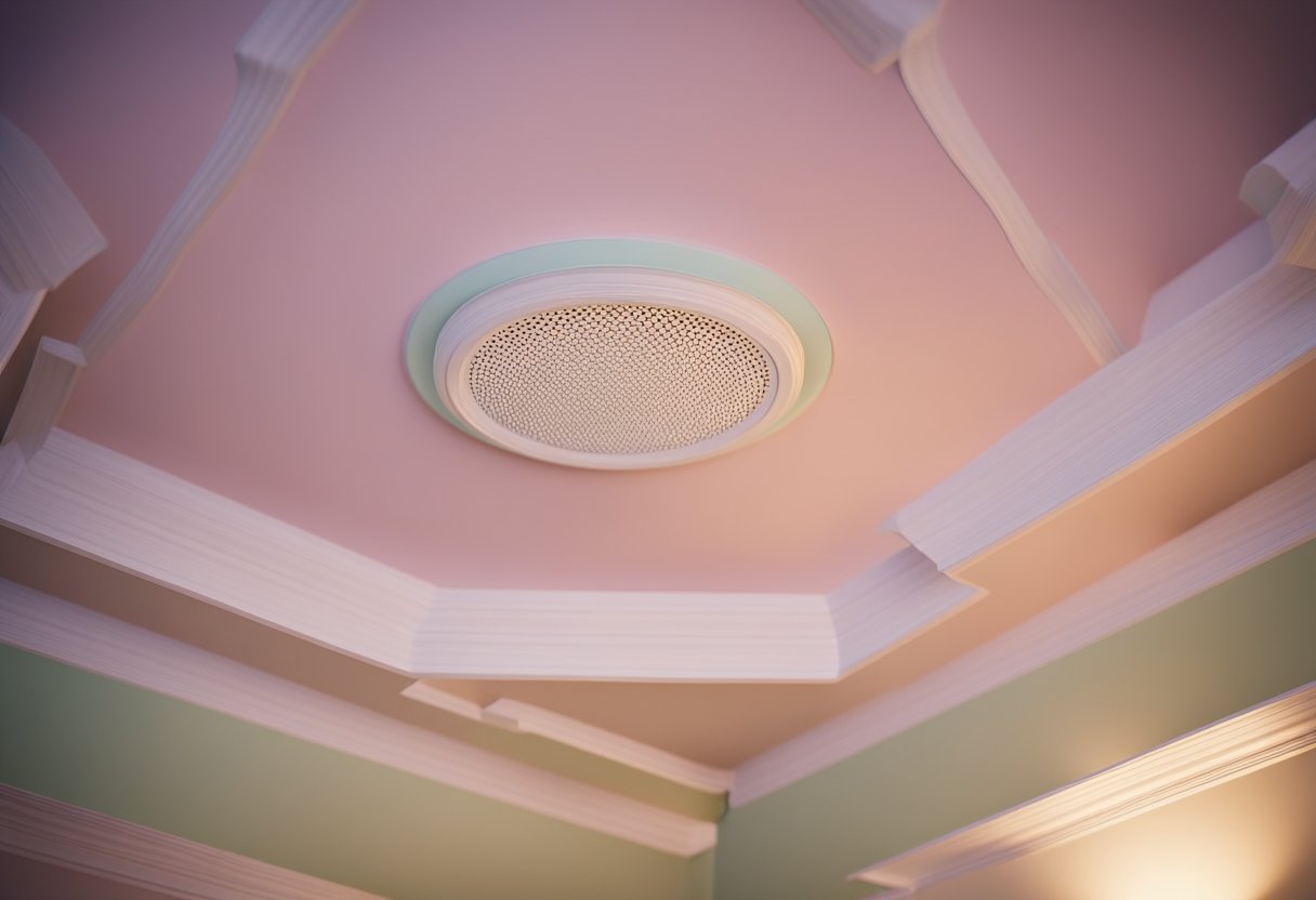 A bedroom ceiling with recessed lighting, intricate molding, and a soft, pastel-colored paint scheme
