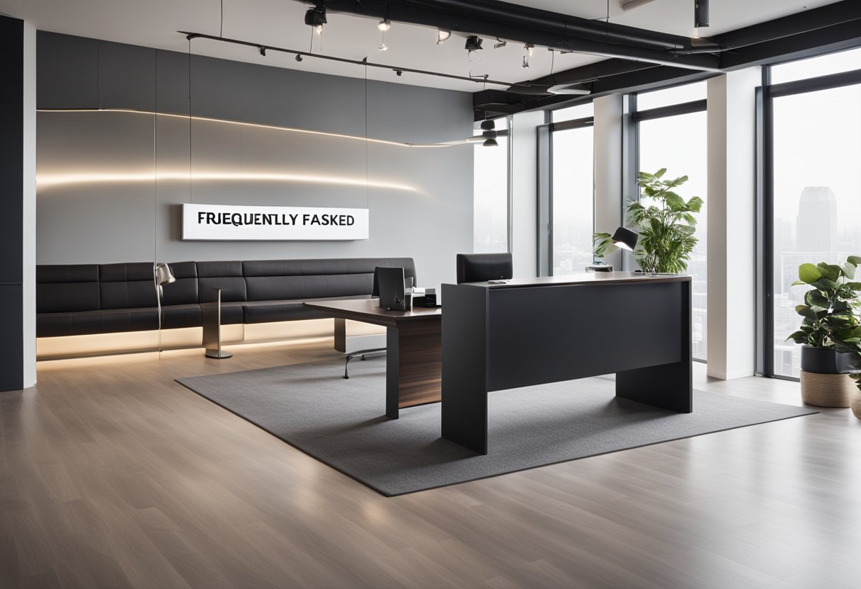 A spacious and modern studio with sleek furniture, large windows, and a minimalist color palette. A reception desk with a sign reading "Frequently Asked Questions" is prominently displayed