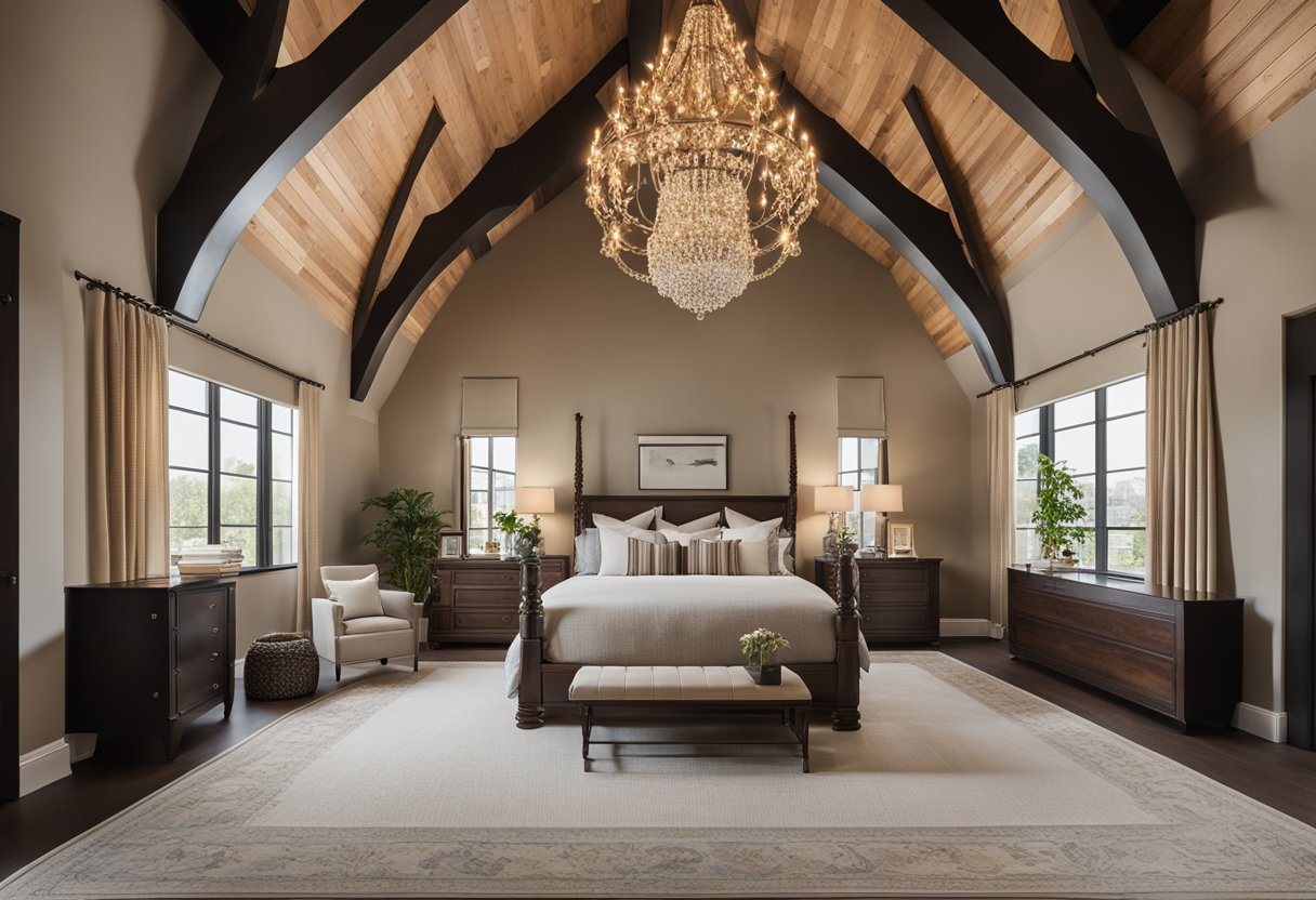 A bedroom with a high, vaulted ceiling adorned with exposed wooden beams and a large, ornate chandelier hanging from the center