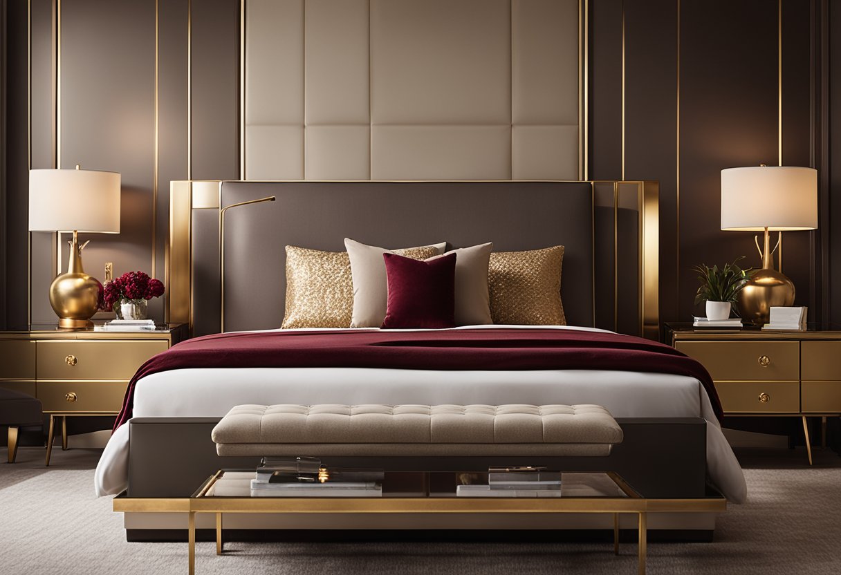 A cozy bedroom with a king-sized bed, soft lighting, and matching nightstands. A neutral color palette with pops of deep red and gold accents