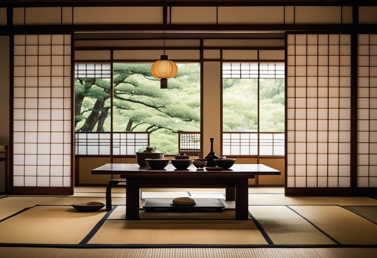 A minimalist Japanese interior with sliding shoji screens, tatami mats, and a tokonoma alcove displaying a traditional scroll painting