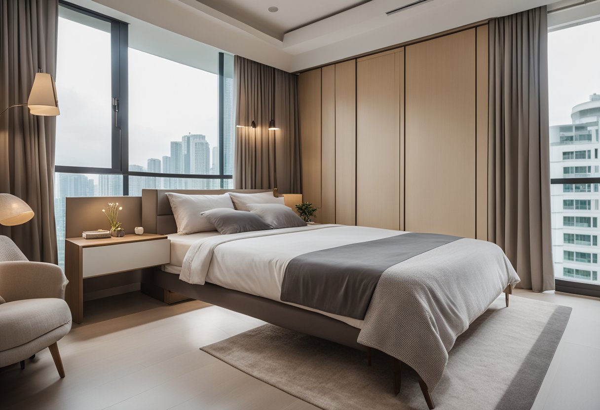 A cozy 4-room HDB bedroom with a queen-sized bed, bedside tables, and a built-in wardrobe. The room is decorated with soft, neutral colors and has large windows for natural light