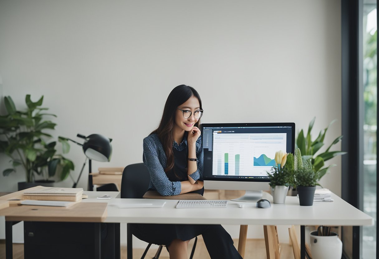 A busy freelance interior designer in Bangkok answers common questions in a modern office setting with colorful design samples and a computer workstation