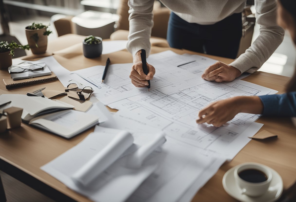 An interior designer sketches floor plans, selects color palettes, and arranges furniture for a cozy living room