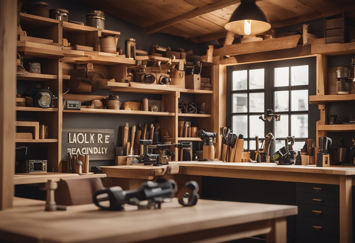 A cozy woodwork interior with shelves, a workbench, and tools. A sign reads "Frequently Asked Questions" in bold letters