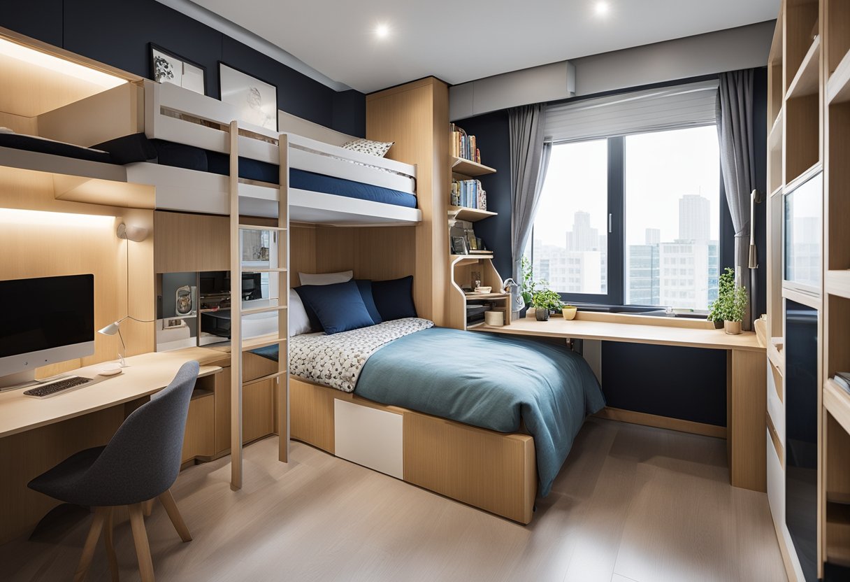A 4-room HDB bedroom with clever space-saving solutions: a loft bed, built-in storage, and a foldable desk. Bright, airy, and clutter-free