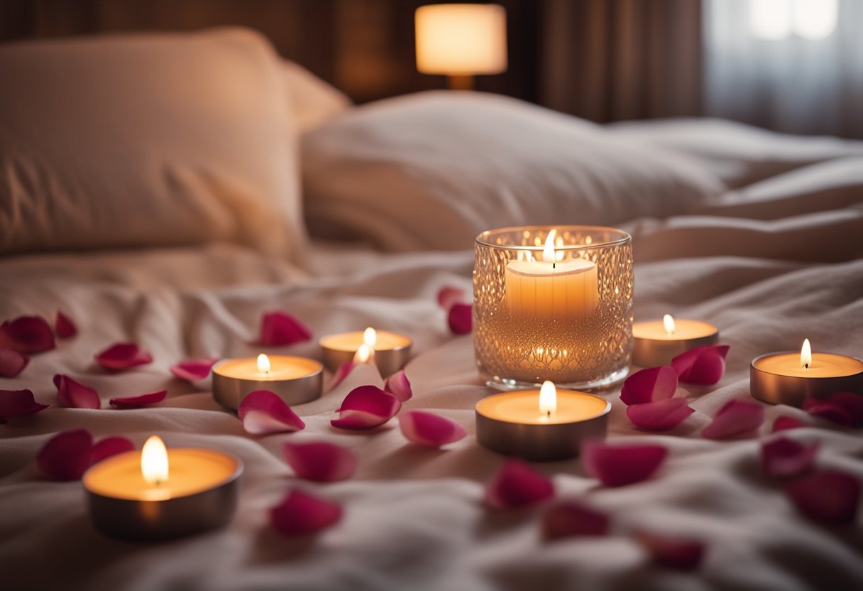 A cozy bedroom with soft, warm lighting, scattered rose petals, and plush bedding. Candles flicker, casting a romantic glow