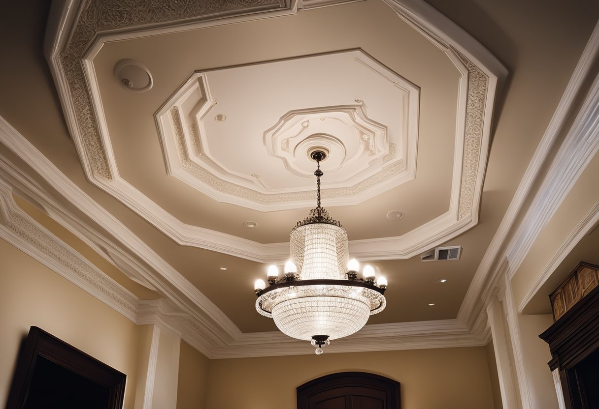 A bedroom with intricate ceiling moldings and a chandelier, accented with recessed lighting and decorative trim