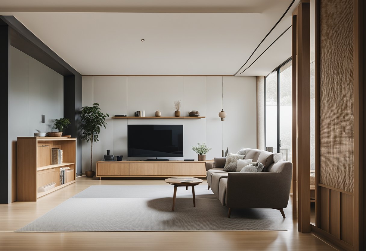 A sleek, minimalist Japanese interior with clean lines, natural materials, and carefully curated decor