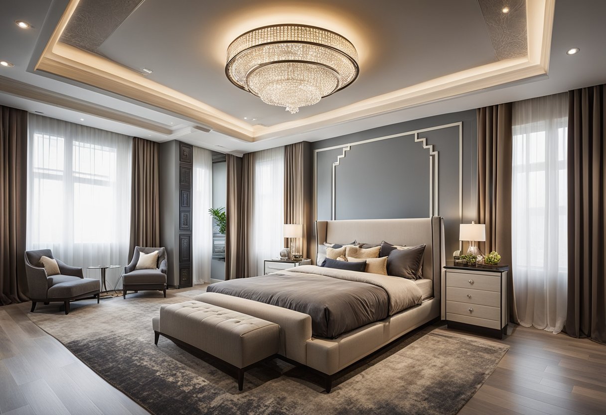 A bedroom with various ceiling design ideas, including recessed lighting, decorative molding, and a statement chandelier